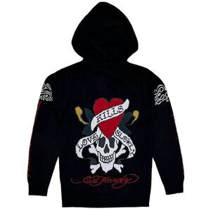 NWT ED HARDY Love Kills Slowly Wool-Blend Hooded Zip-up Knit Sweater, Black, XL